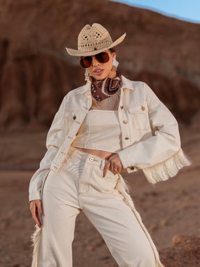 Jaqueta Feminina Jeans com Franjas Western- Off white