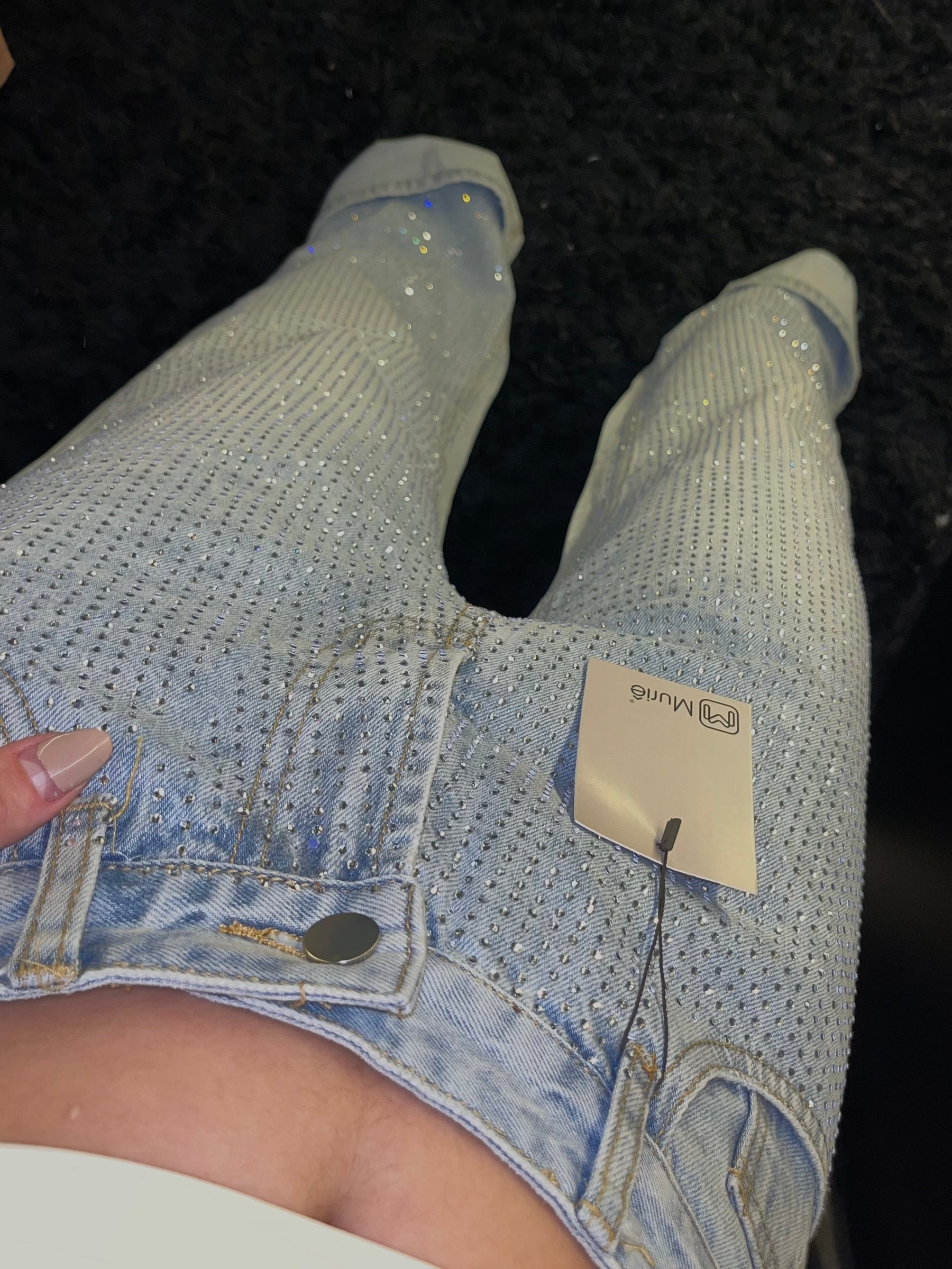 Calça Jeans Wide Leg Cravejada Strass Brilho - Clara