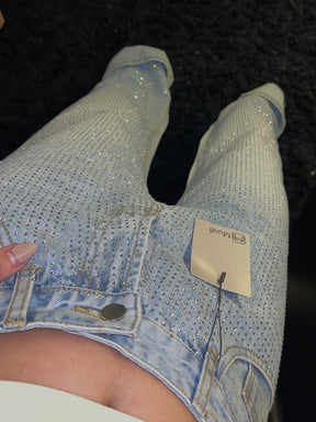 Calça Jeans Wide Leg Cravejada Strass Brilho - Clara