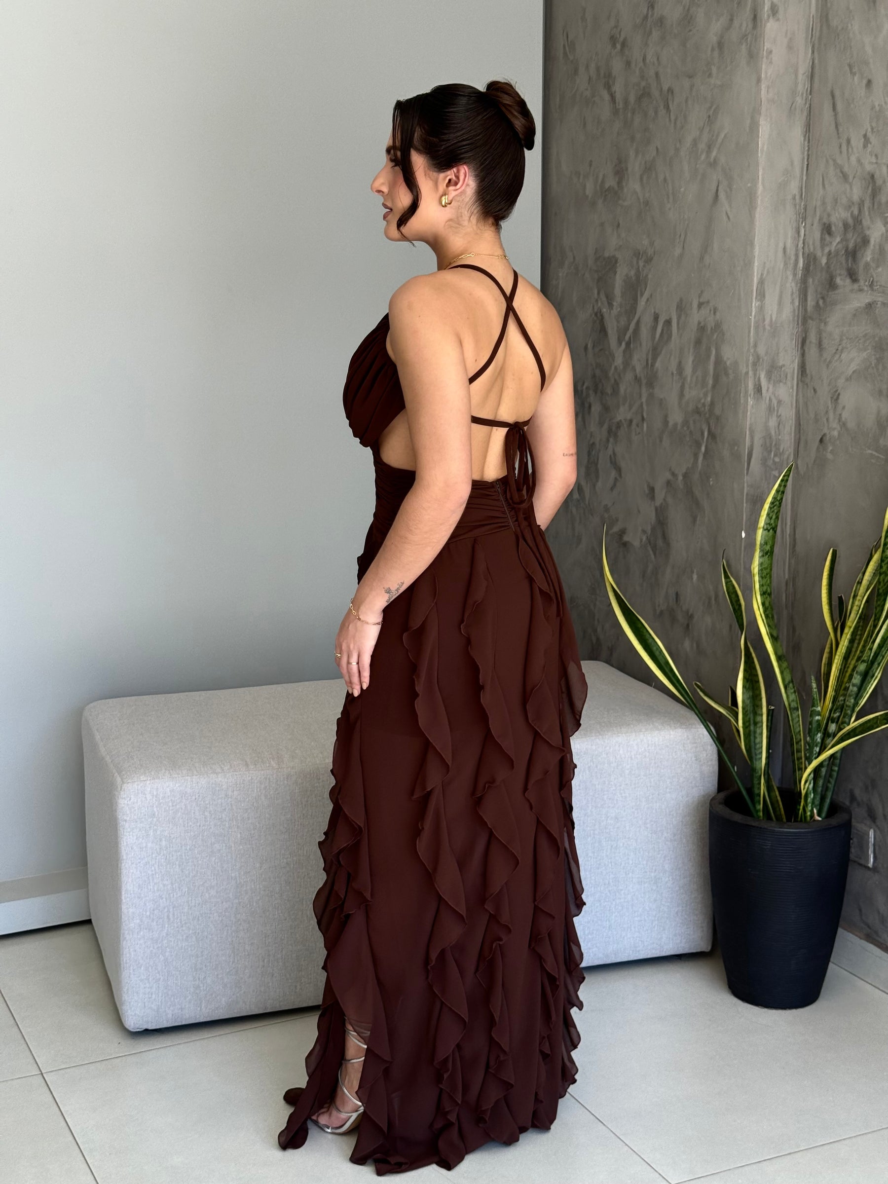 Vestido Longo Babados Chiffon Thalita