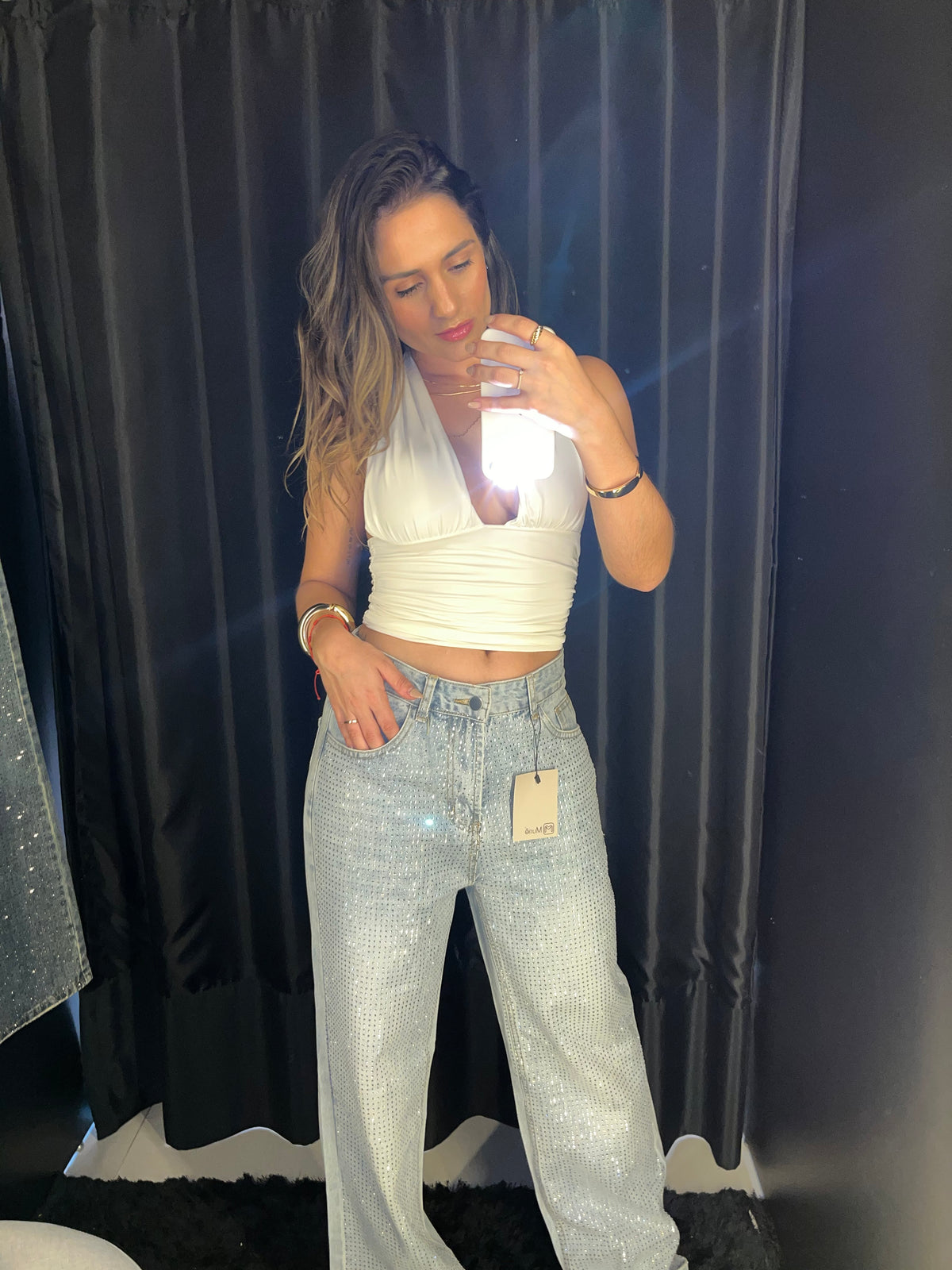 Calça Jeans Wide Leg Cravejada Strass Brilho - Clara