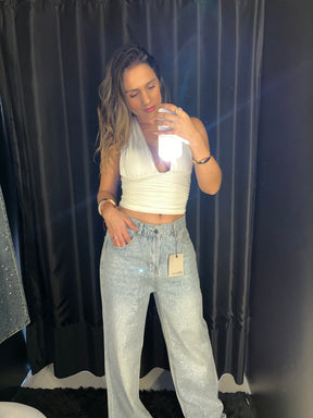 Calça Jeans Wide Leg Cravejada Strass Brilho - Clara