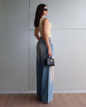Calça Jeans Wide Leg Relaxed com Aplicação