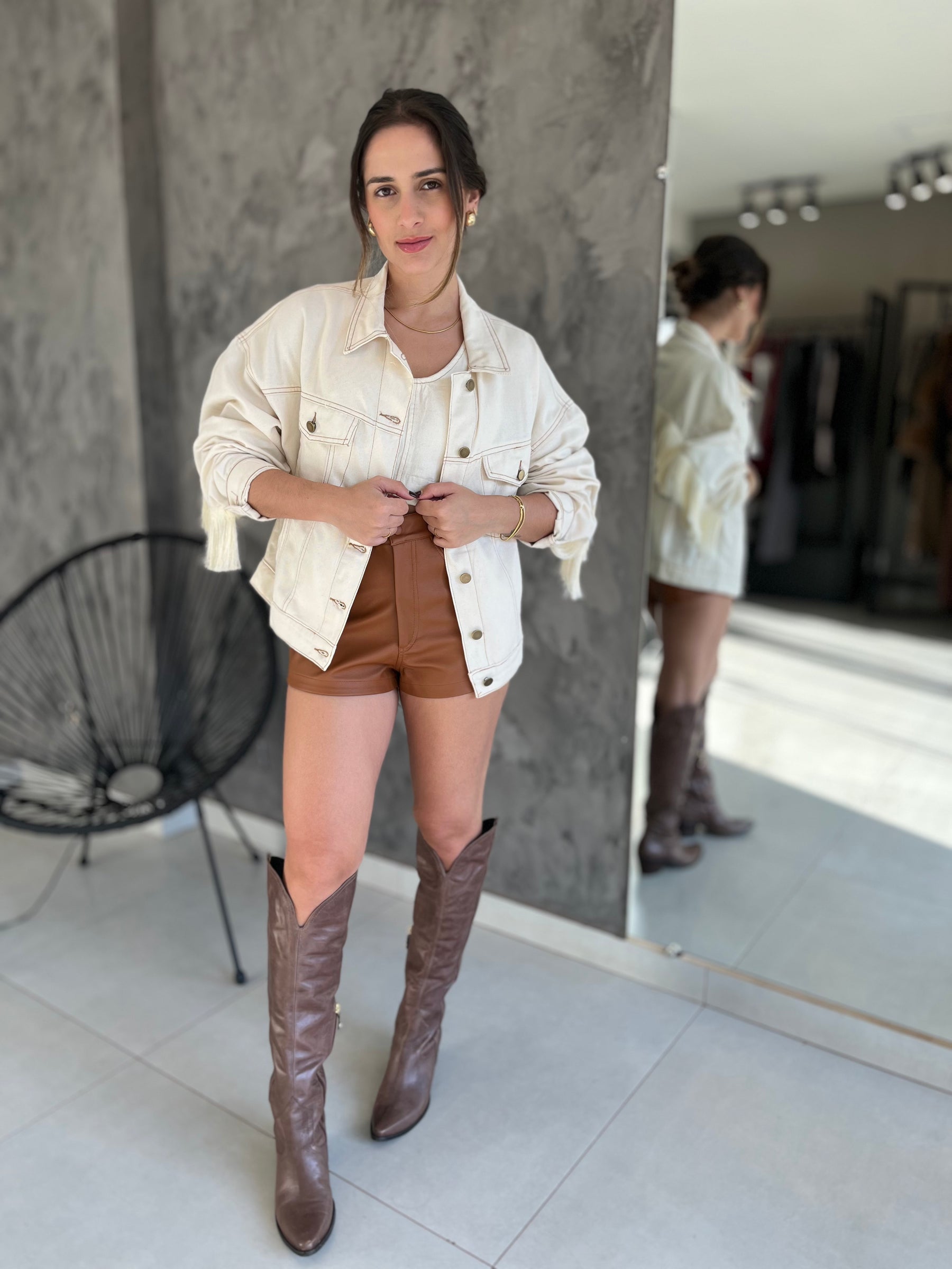 Jaqueta Feminina Jeans com Franjas Western- Off white