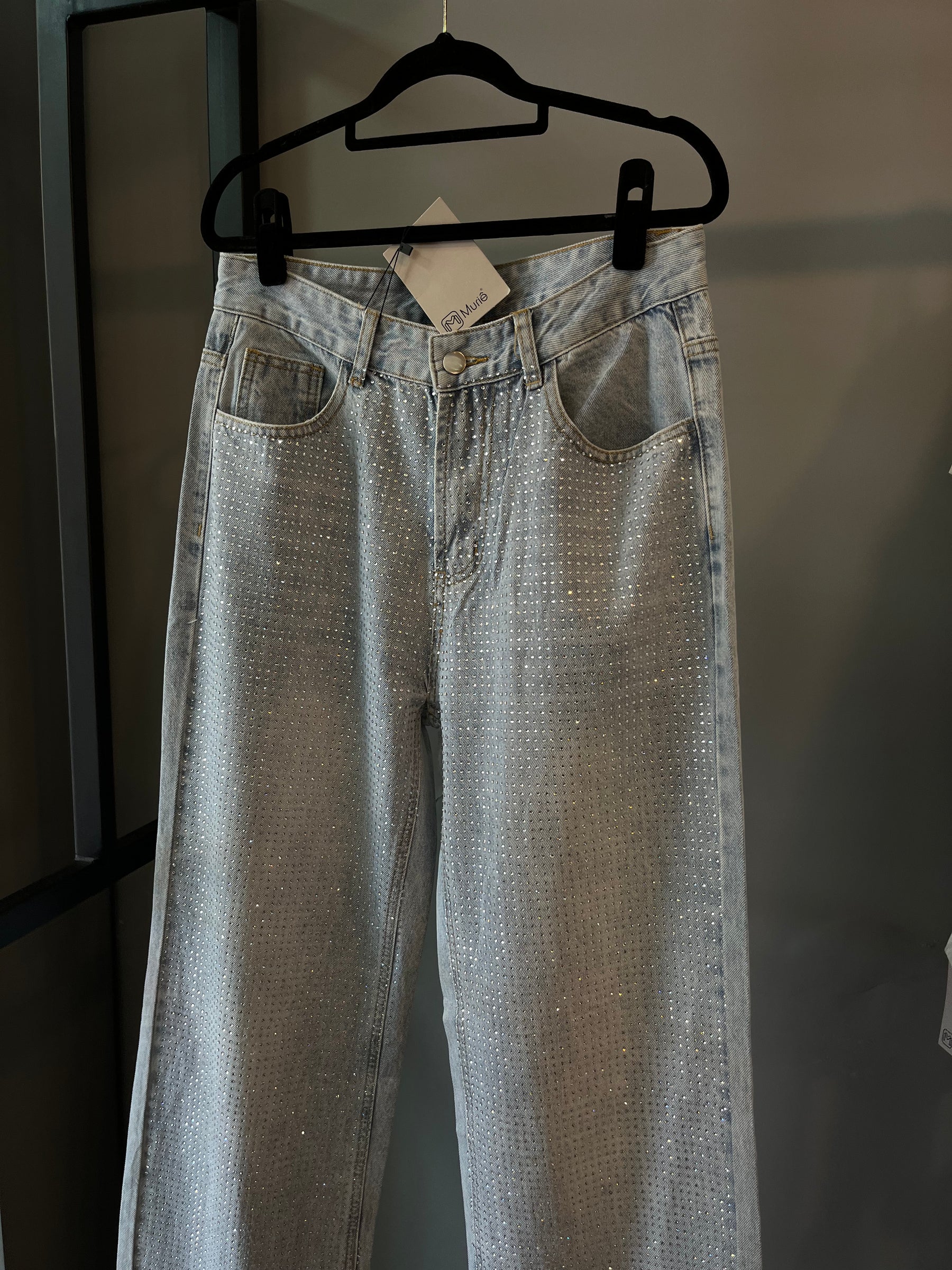Calça Jeans Wide Leg Cravejada Strass Brilho - Clara