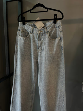 Calça Jeans Wide Leg Cravejada Strass Brilho - Clara