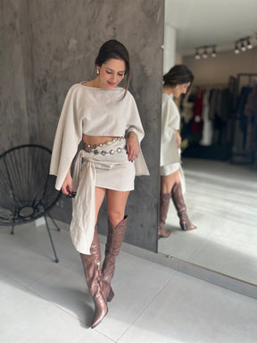 Conjunto Feminino em Linho com Bata e Saia Bege- Hadassa