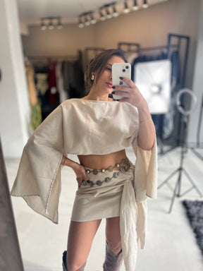 Conjunto Feminino em Linho com Bata e Saia Bege- Hadassa