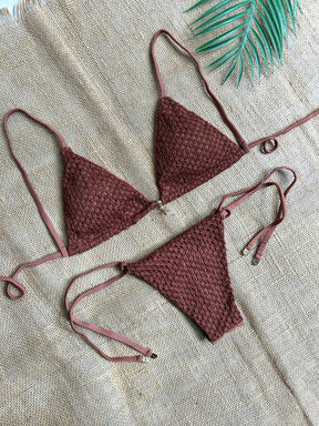 Biquini cortininha crochet Loren marrom