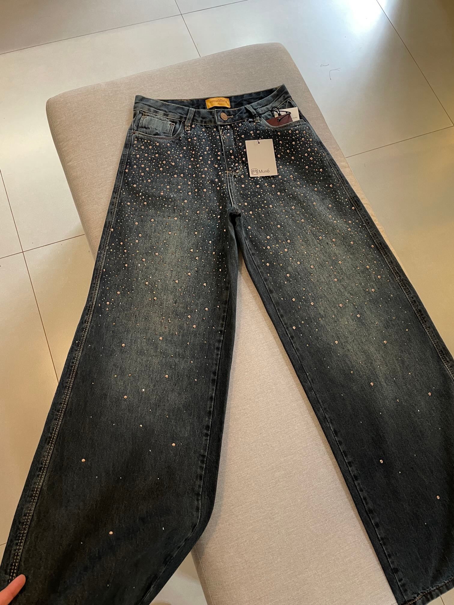 Calça Jeans Aplicações Brilho Tinto Marrom Consciência