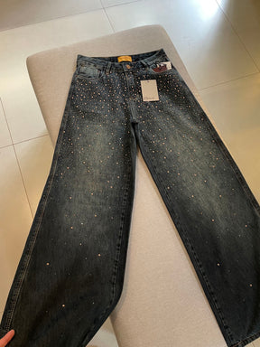 Calça Jeans Aplicações Brilho Tinto Marrom Consciência
