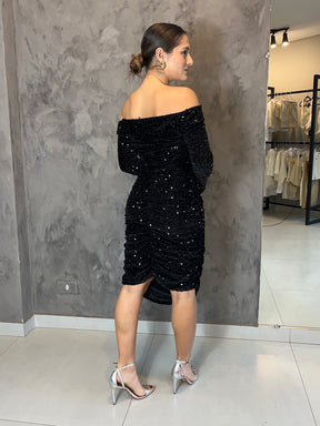 Vestido Midi Ombro a Ombro Paetê Veludo