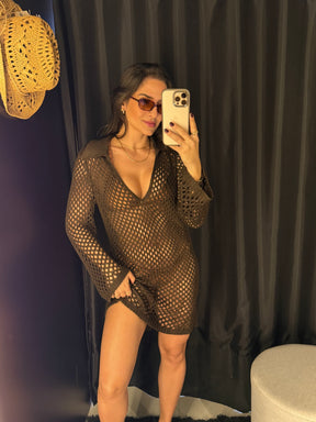 Saída de Praia Vestido de Crochet Marrom Bali