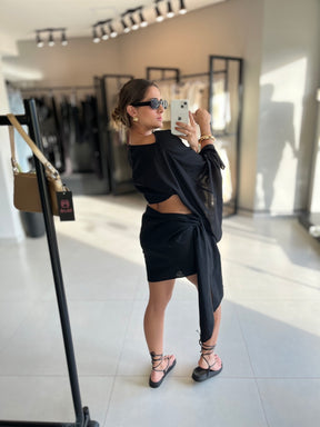 Conjunto Feminino em Linho com Bata e Saia Preto- Hadassa