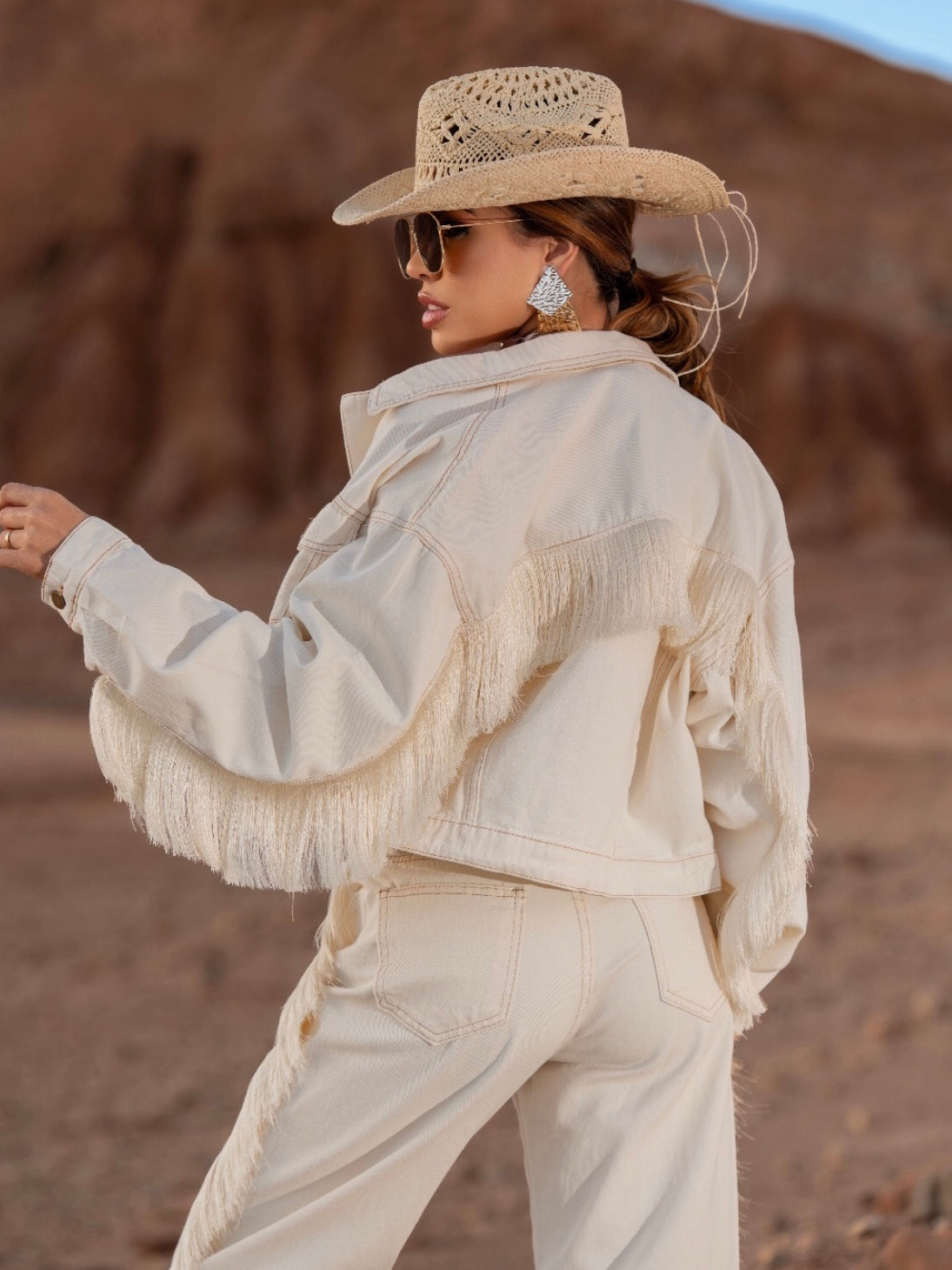 Jaqueta Feminina Jeans com Franjas Western- Off white