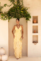 Vestido Longo Babados Chiffon Manteiga