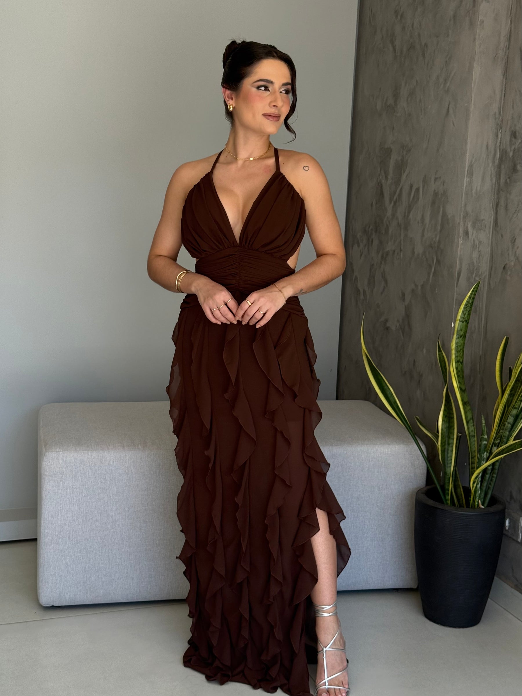 Vestido Longo Babados Chiffon Thalita