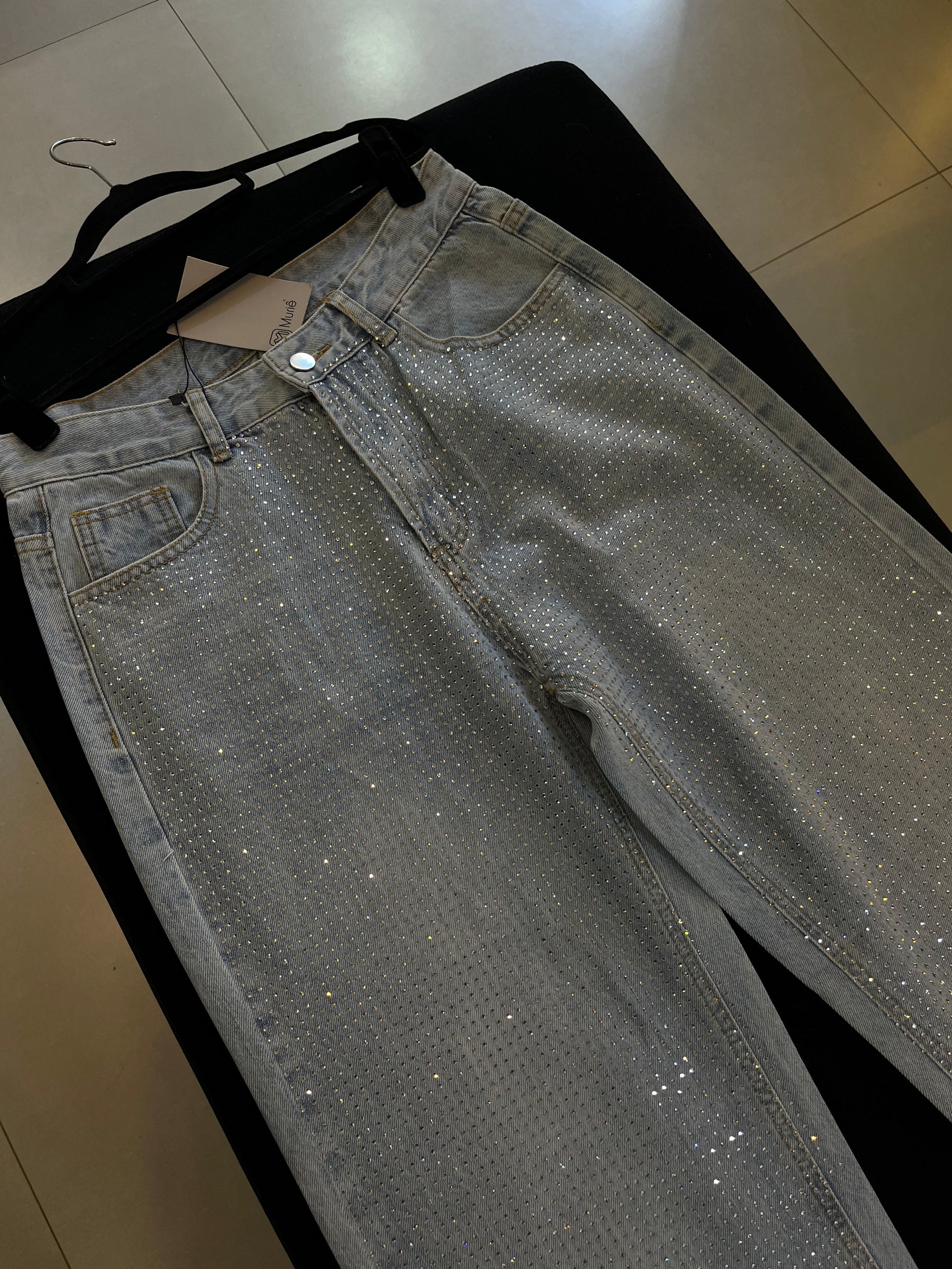 Calça Jeans Wide Leg Cravejada Strass Brilho - Clara