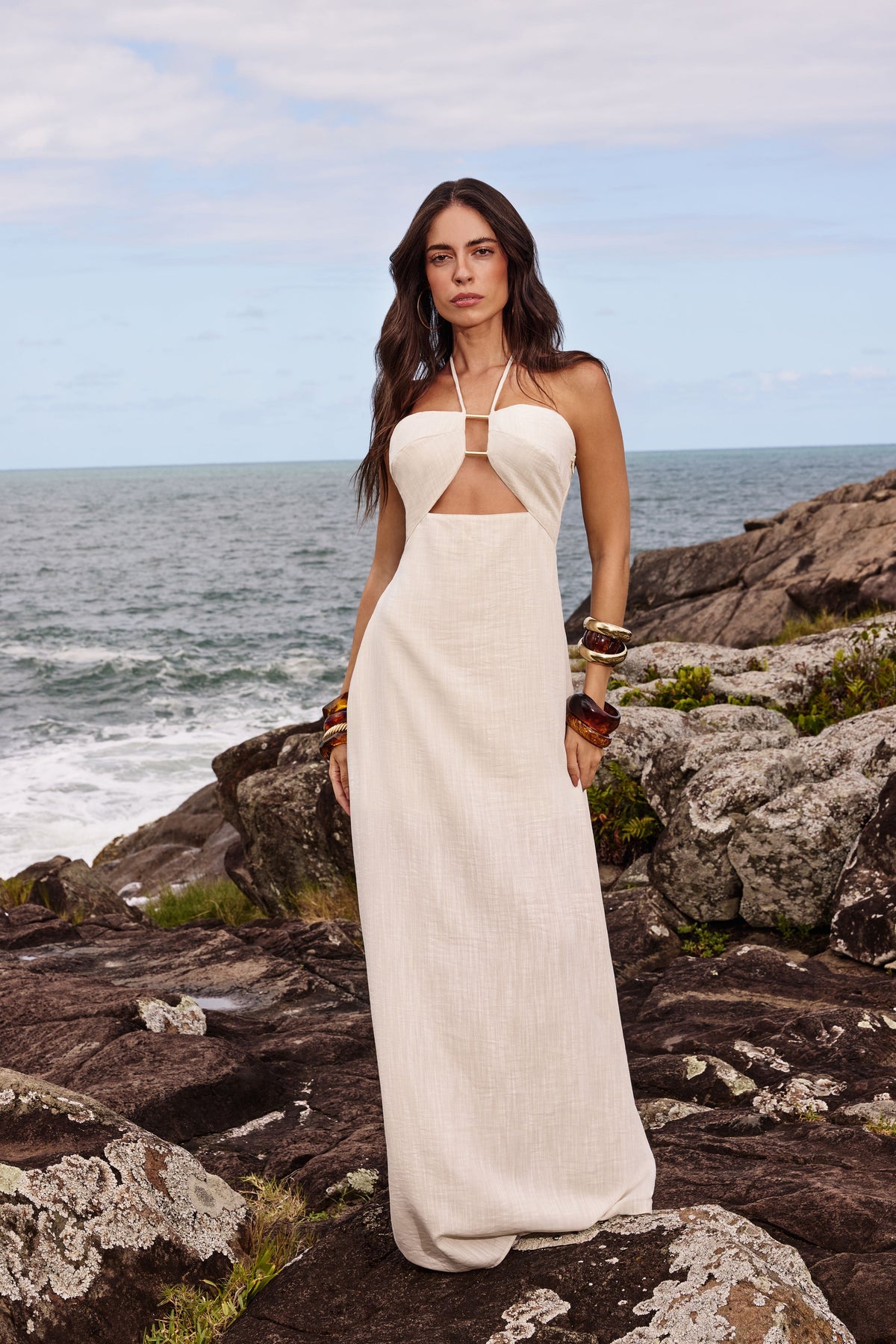 Vestido Longo Natural Slub Creme