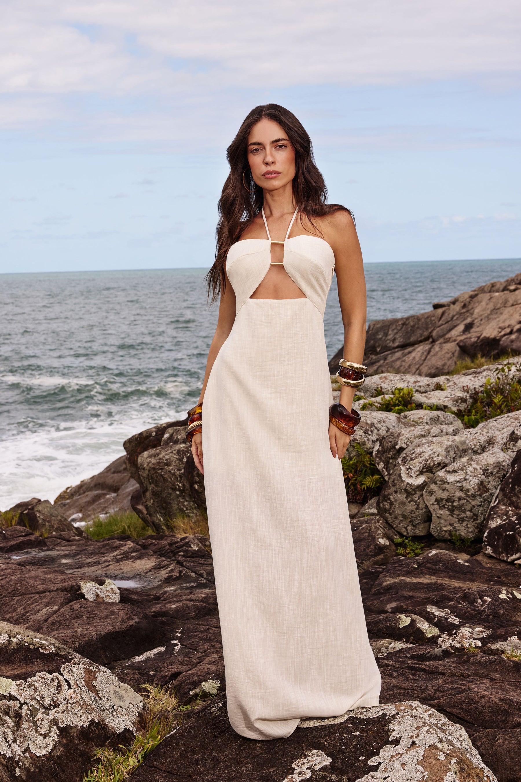 Vestido Longo Natural Slub Creme