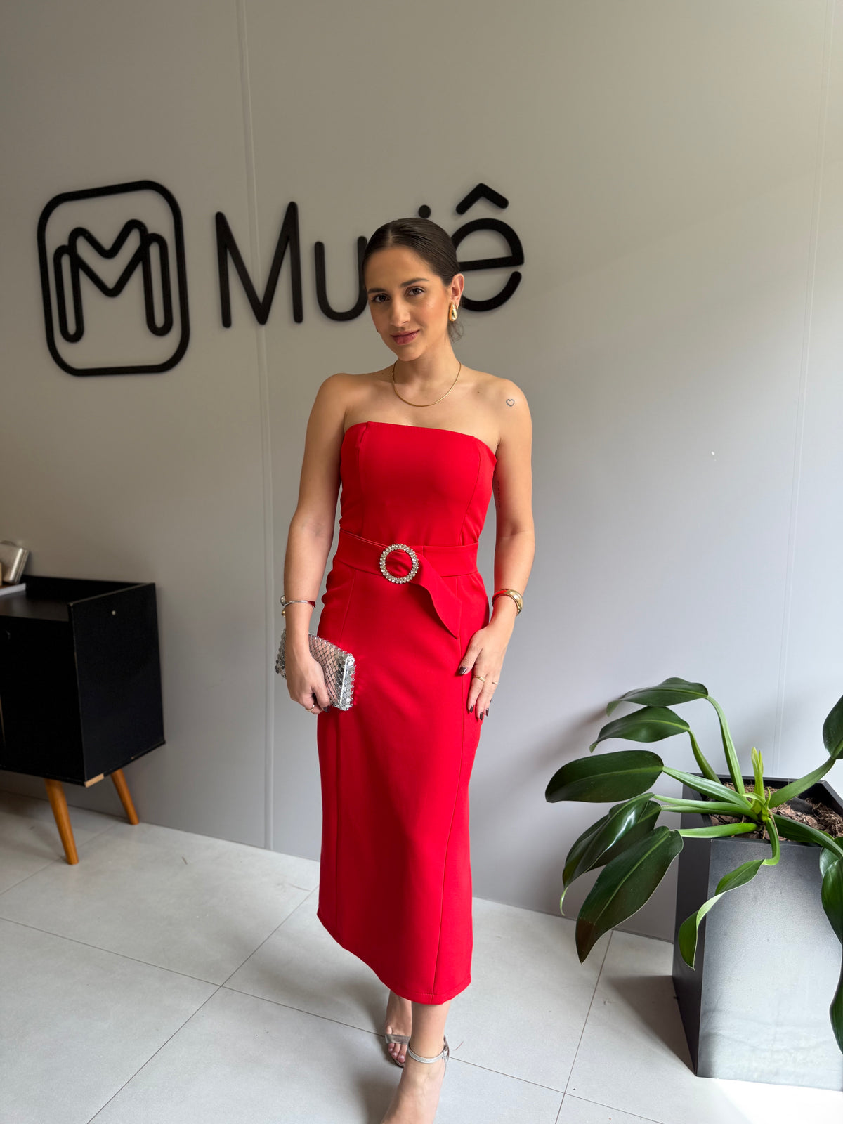 Vestido de Festa Social Midi em Alfaiataria Vermelho - Naguchi