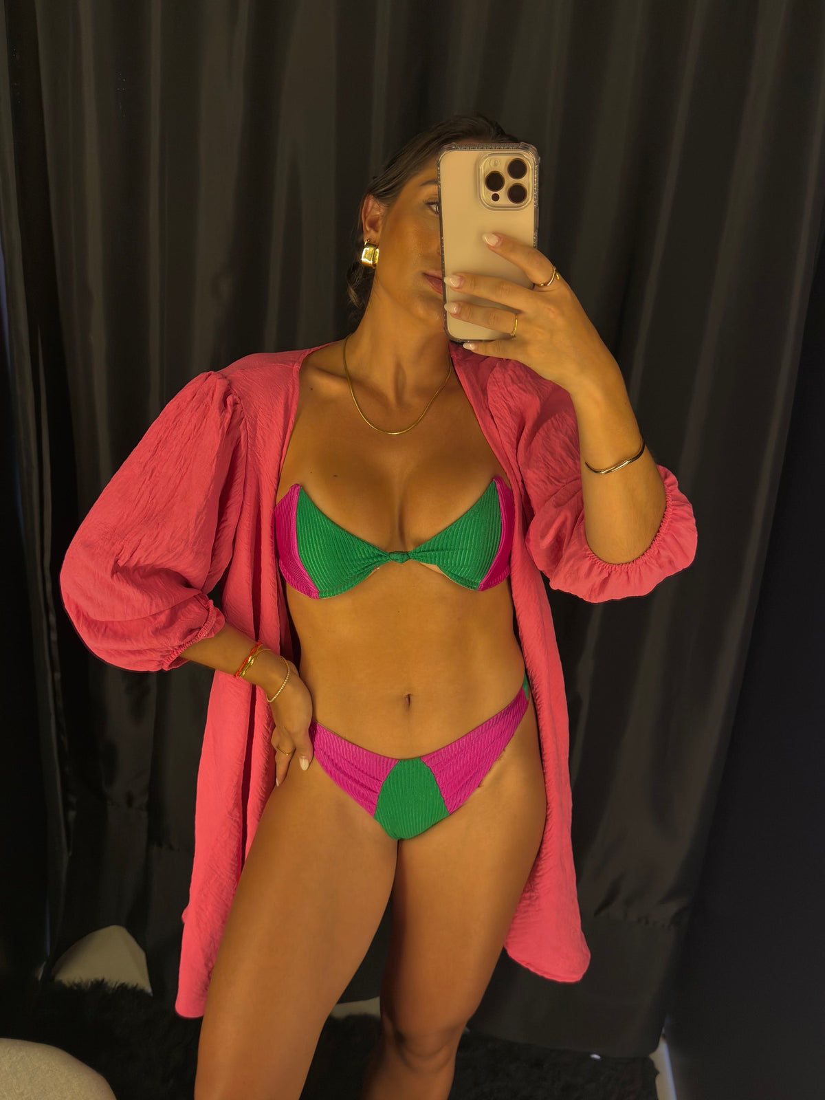 Biquini barbatanas pink e verde