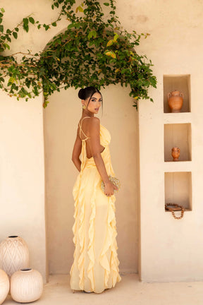 Vestido Longo Babados Chiffon Manteiga