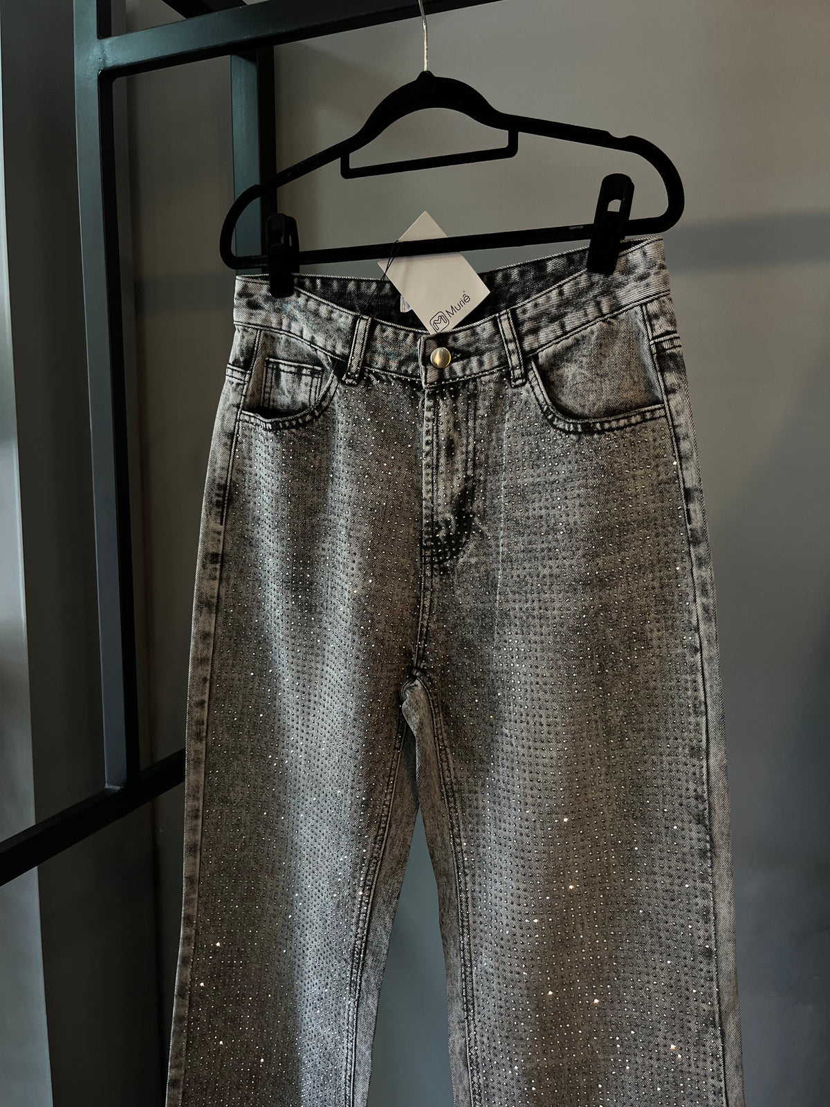 Calça Jeans Wide Leg Cravejada Strass Brilho - Grafite