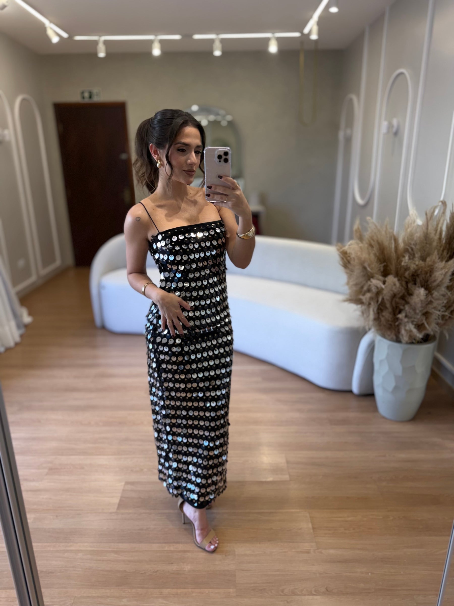 Vestido de Festa com Brilho Lantejoulas Midi