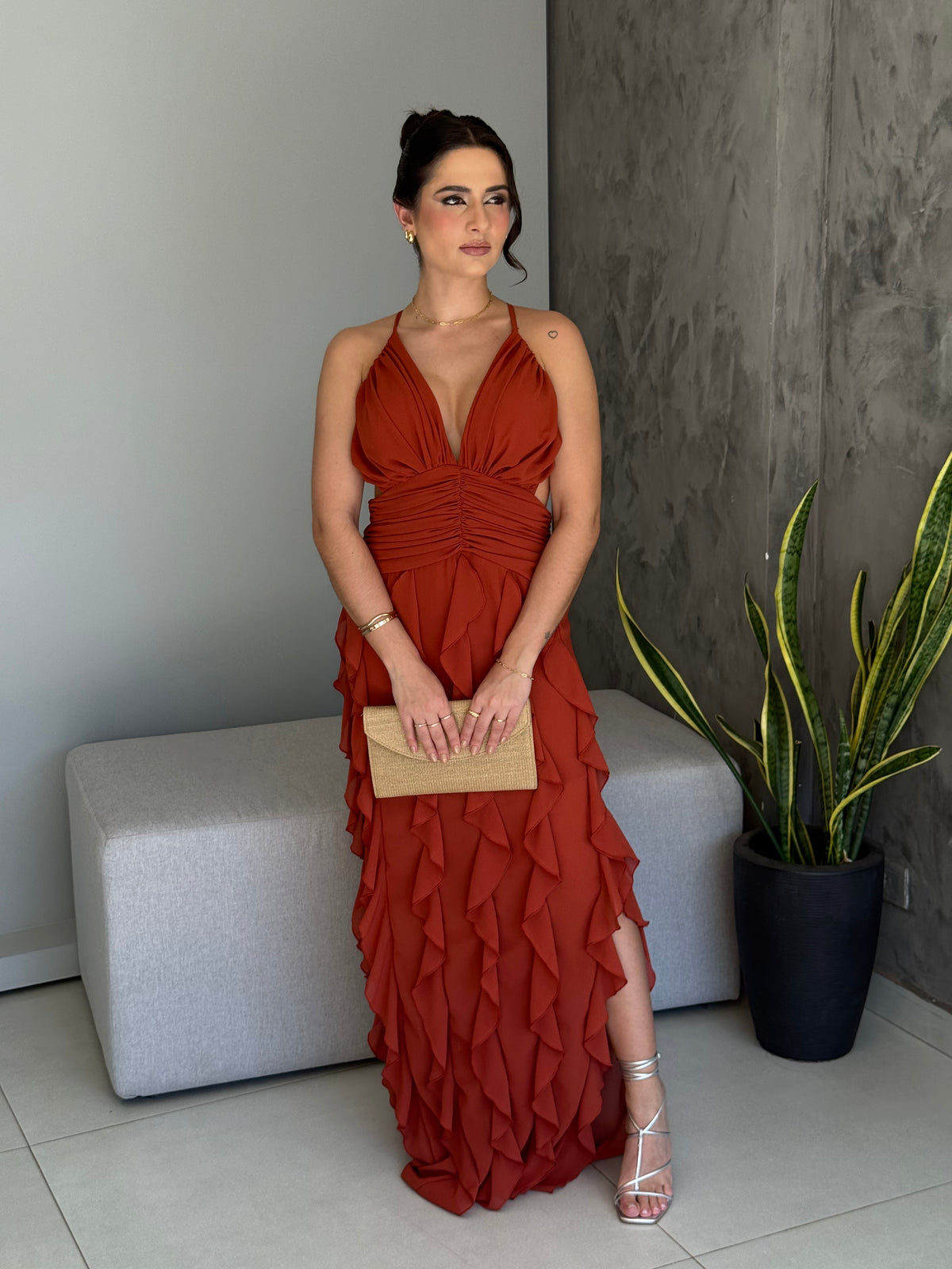 Vestido Longo Babados Chiffon Thalita