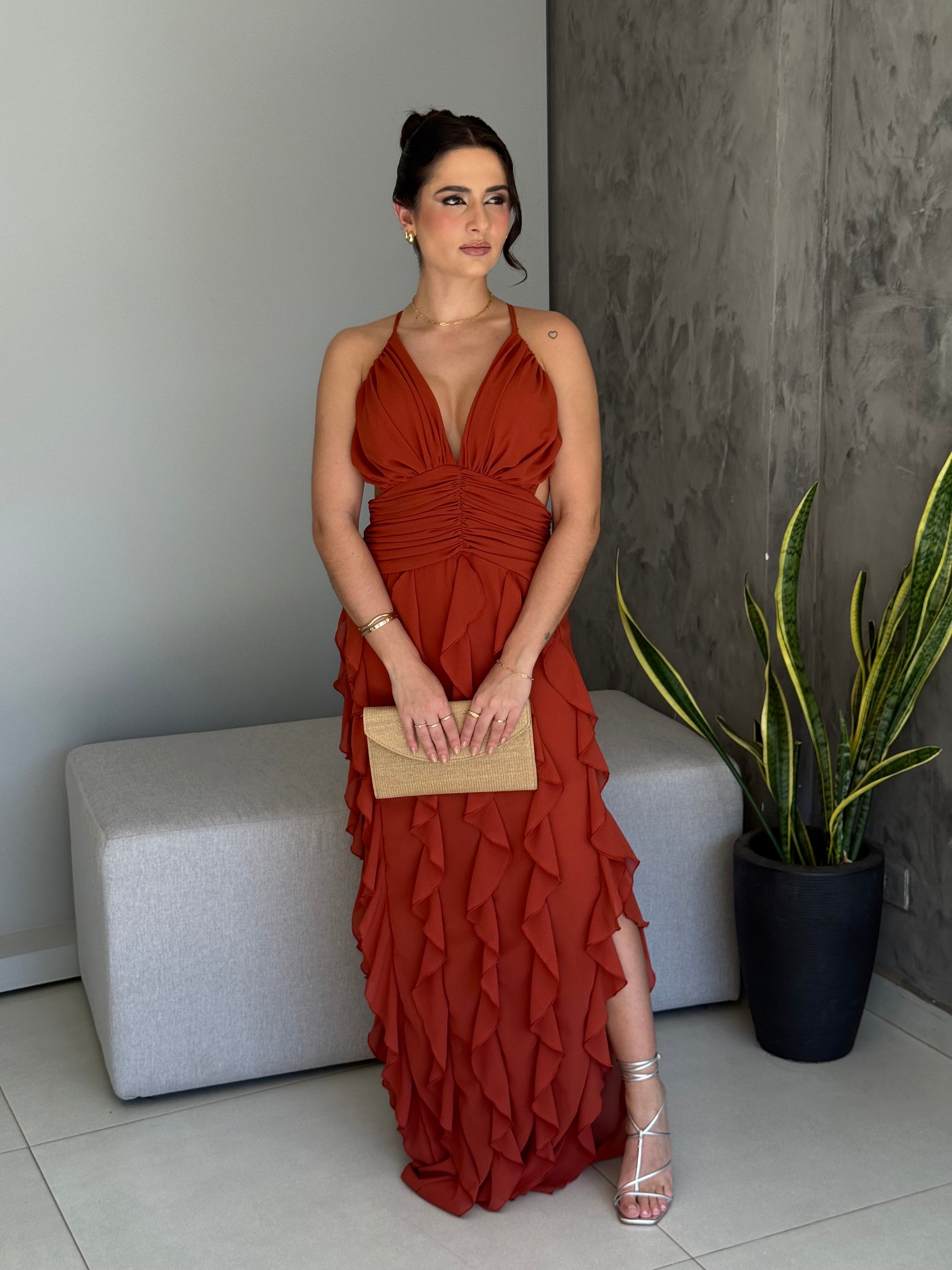 Vestido Longo Babados Chiffon Thalita