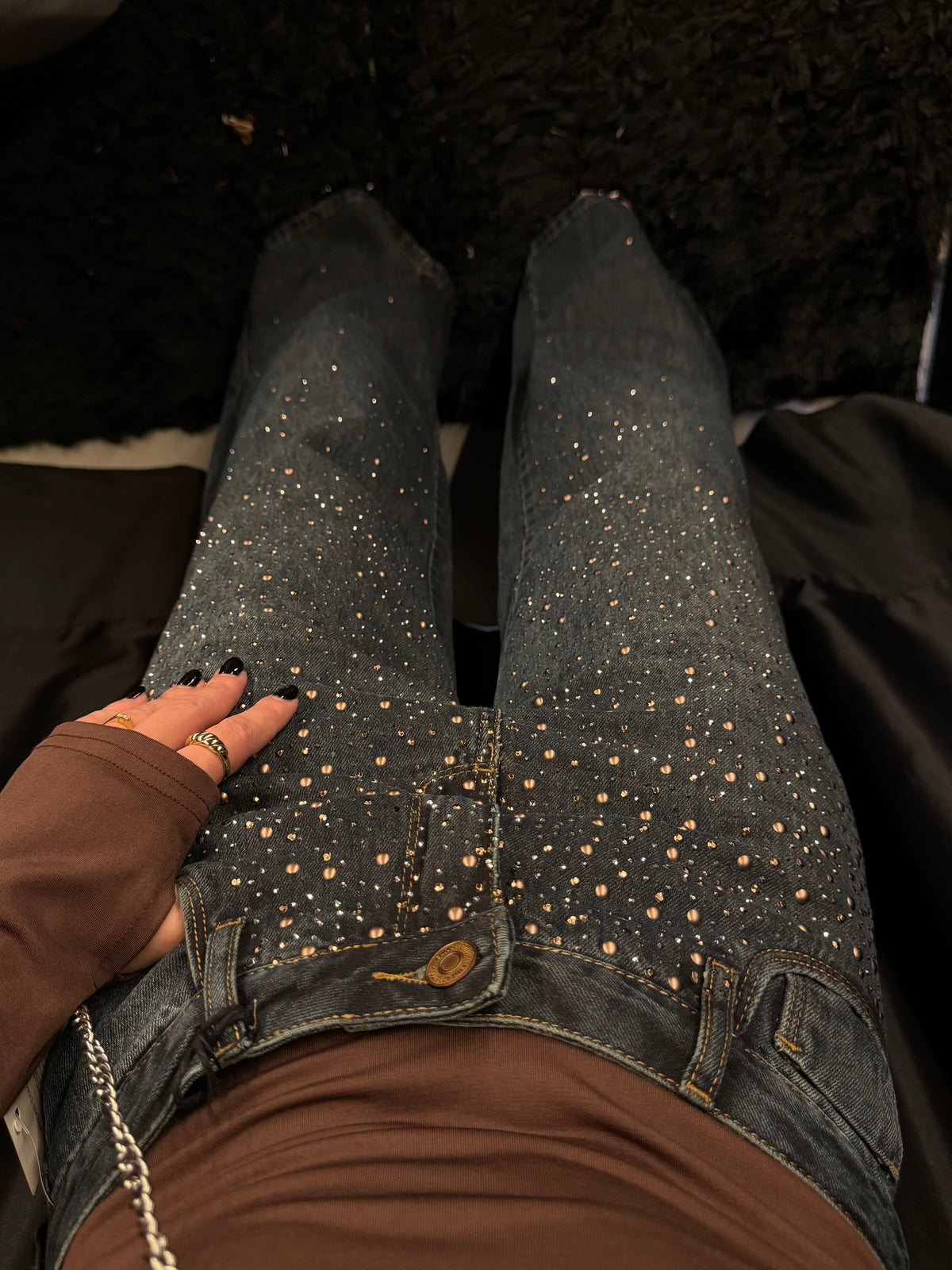 Calça Jeans Aplicações Brilho Tinto Marrom Consciência