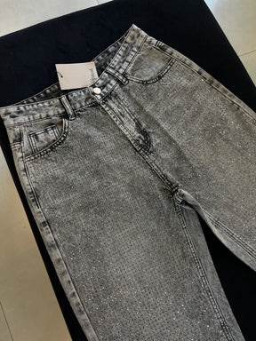 Calça Jeans Wide Leg Cravejada Strass Brilho - Grafite
