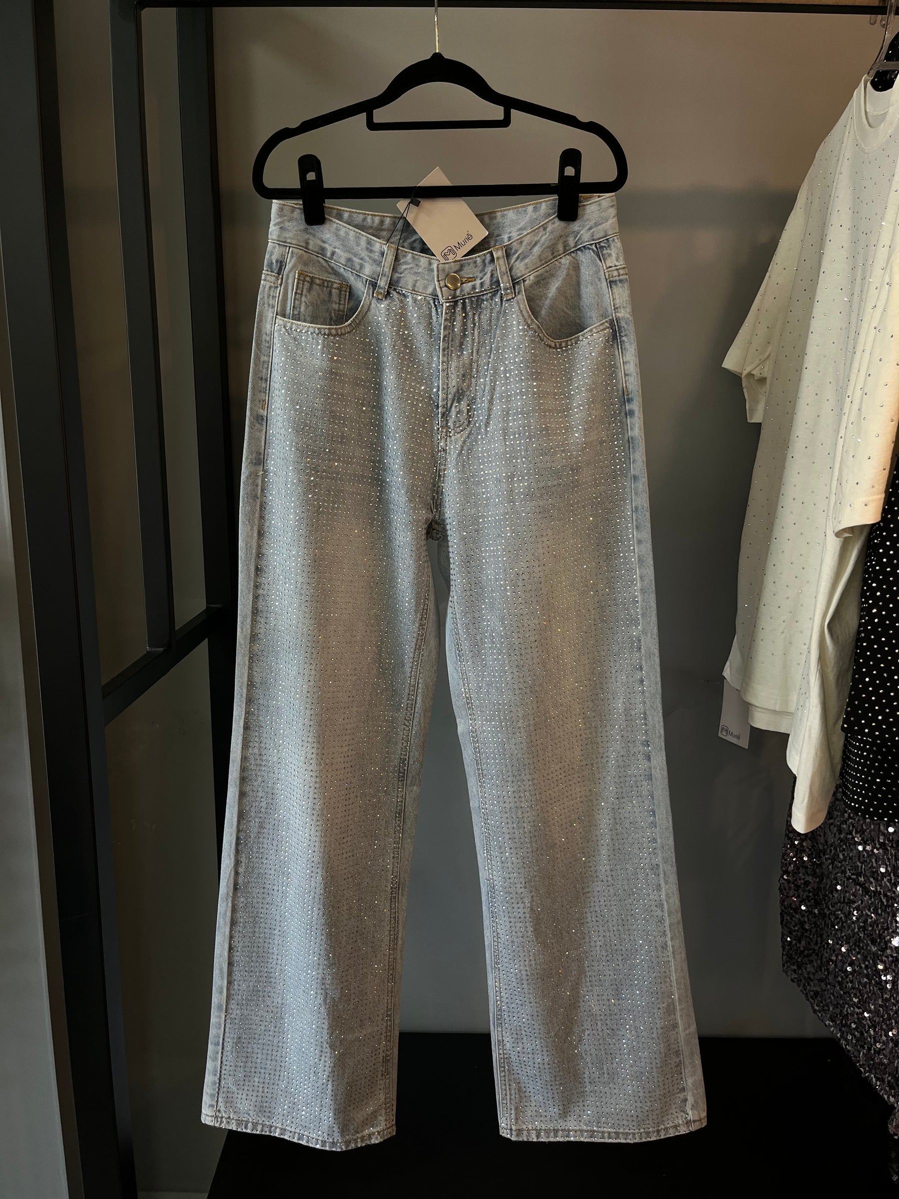 Calça Jeans Wide Leg Cravejada Strass Brilho - Clara