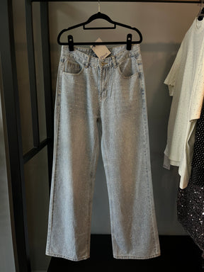 Calça Jeans Wide Leg Cravejada Strass Brilho - Clara