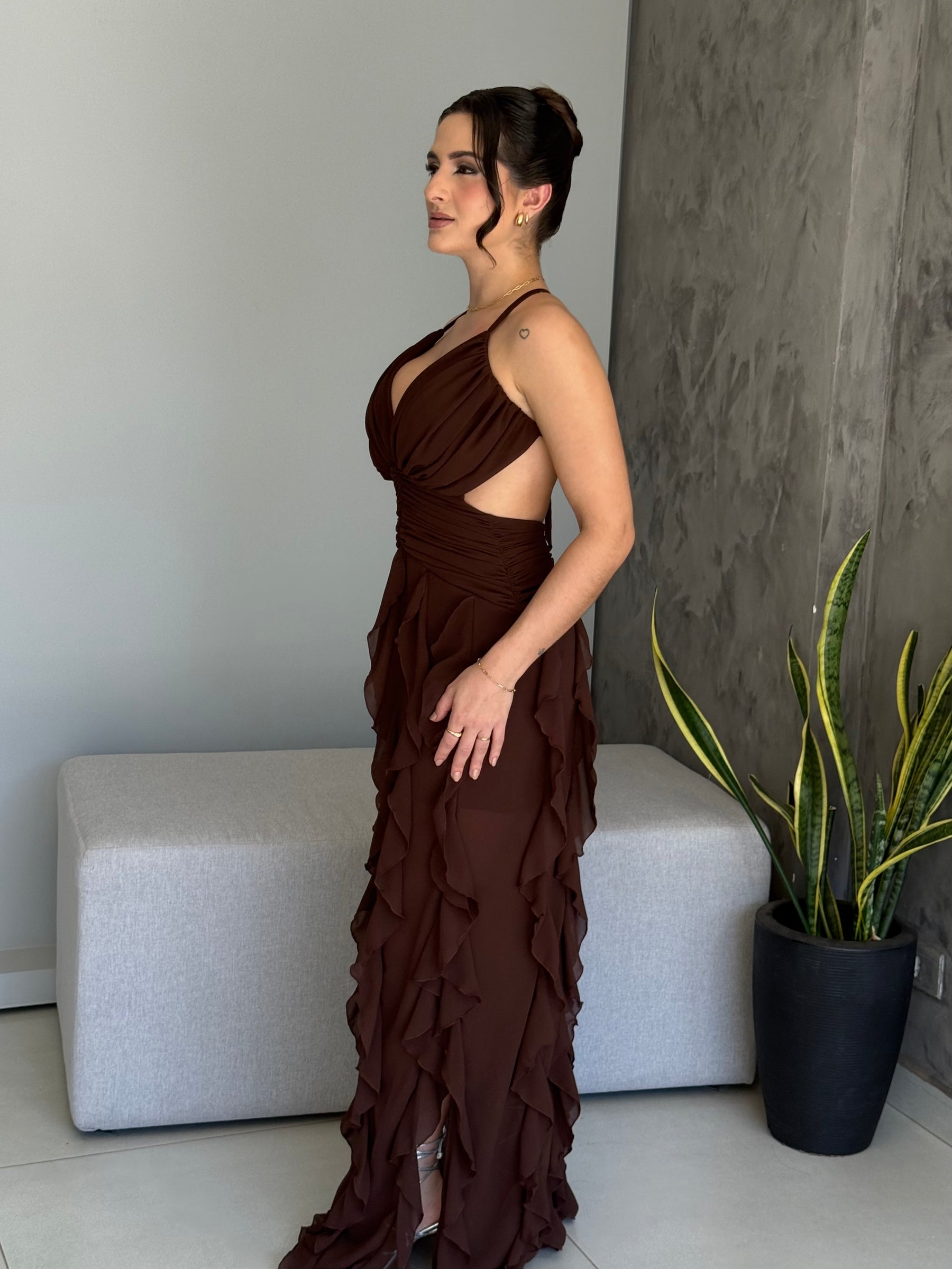 Vestido Longo Babados Chiffon Thalita