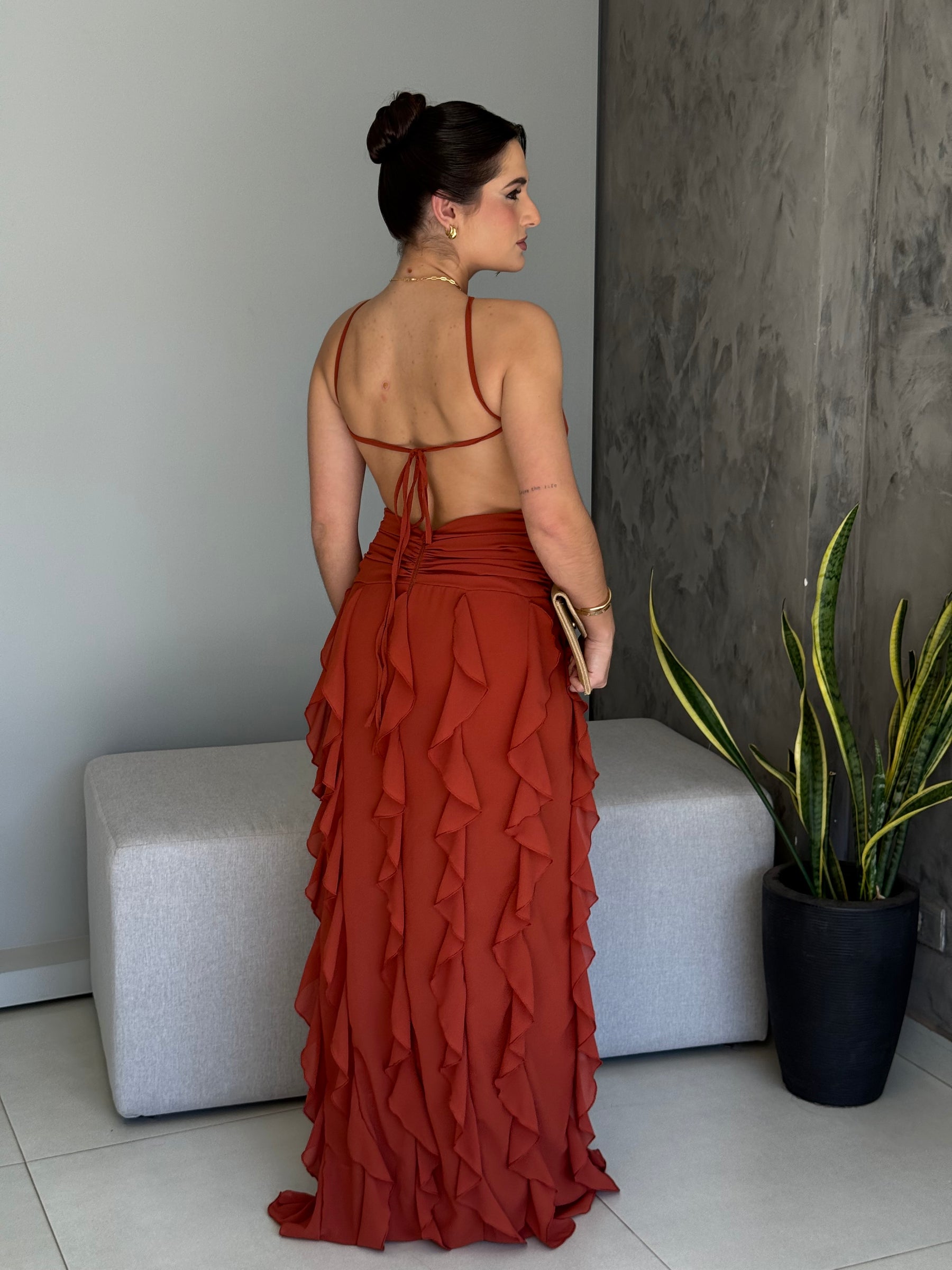 Vestido Longo Babados Chiffon Thalita