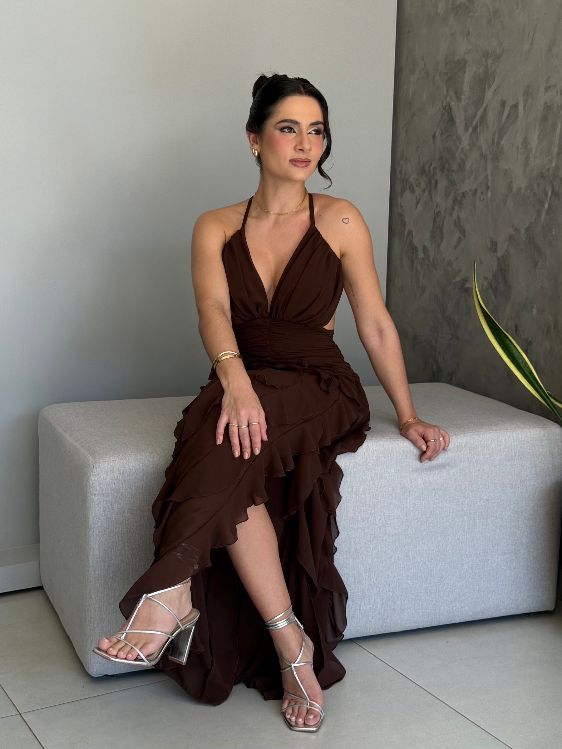 Vestido Longo Babados Chiffon Thalita