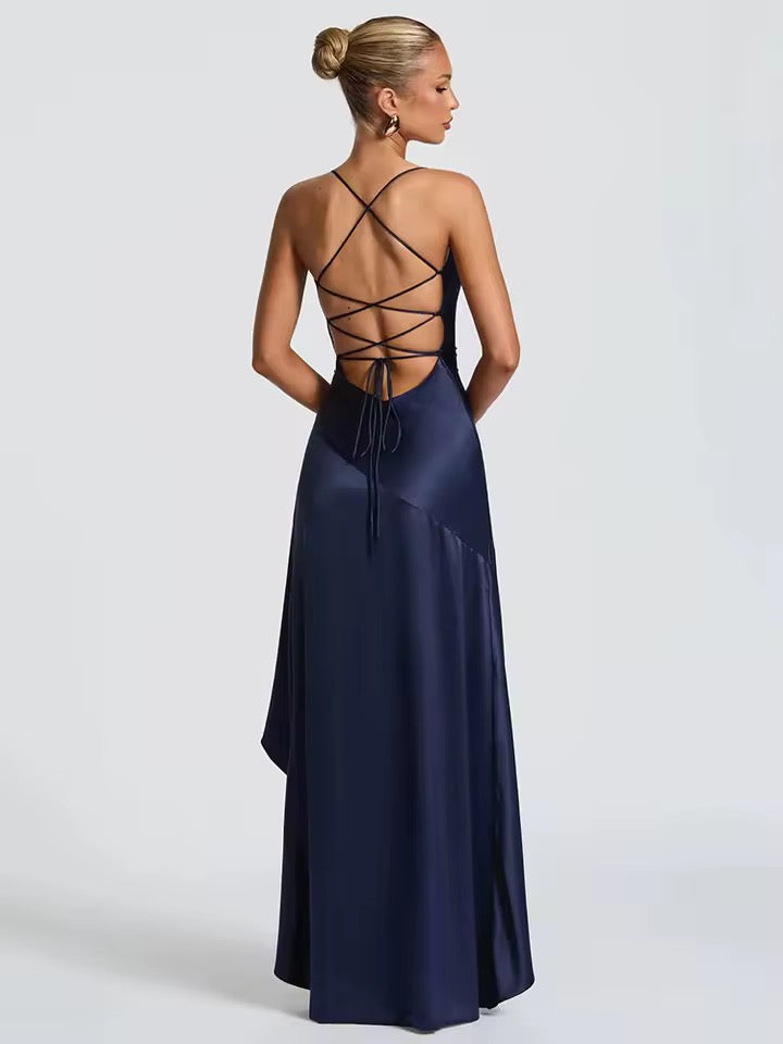 Vestido Longo de Cetim com Fenda Lateral Stela – Moda Festa