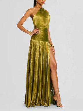 Vestido Longo de Festa Stephany Verde Metálico