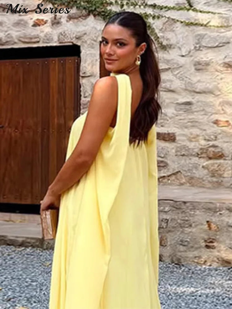 Vestido Longo Amarelo Estruturado Minimalista – Moda Festa Elegante