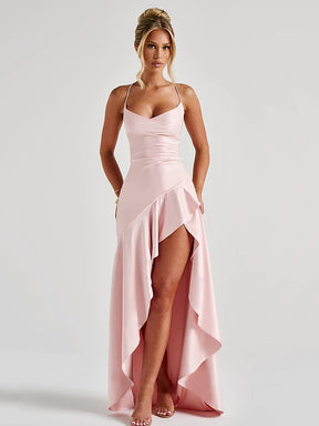 Vestido Longo de Cetim com Fenda Lateral – Moda Festa Elegante