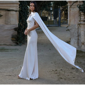 Vestido Longo de Cetim Ombro Único e Capa Lateral Melissa para Festa
