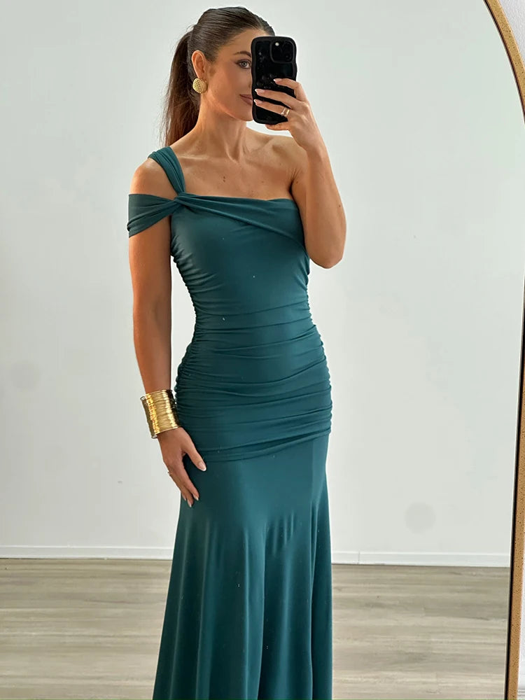 Vestido Longo Esmeralda Assimétrico Drapeado – Moda Festa Elegante