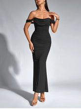 Vestido Longo Ombro a Ombro Drapeado – Moda Festa Elegante