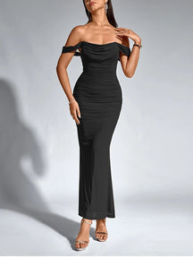 Vestido Longo Ombro a Ombro Drapeado – Moda Festa Elegante