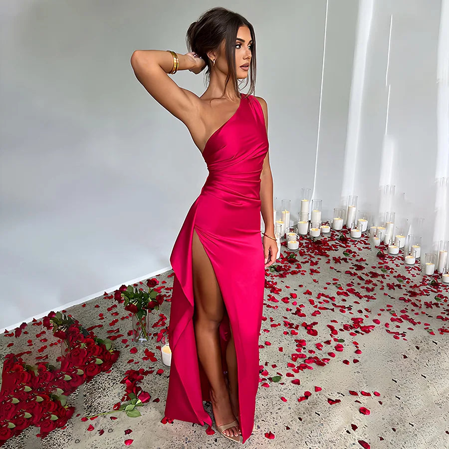 Vestido Longo Vermelho de Um Ombro Só com Fenda – Moda Festa Elegante