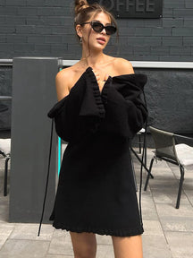 Vestido Feminino Preto Ombro a Ombro em Tricô – Elegância Outono/Inverno