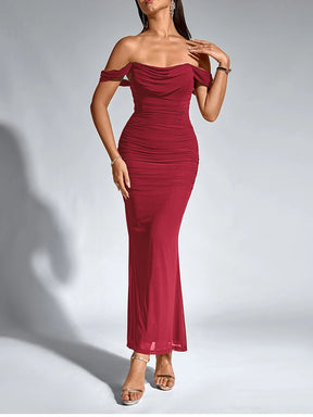 Vestido Longo Ombro a Ombro Drapeado – Moda Festa Elegante