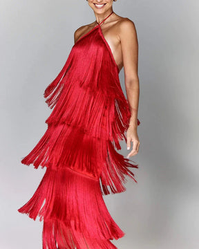 Vestido Longo com Franjas em Camadas – Moda Festa Glamourosa
